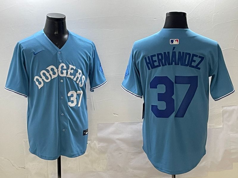 Men Los Angeles Dodgers #37 Hernandez Light Blue Joint Name 2025 Nike MLB Jersey style 10